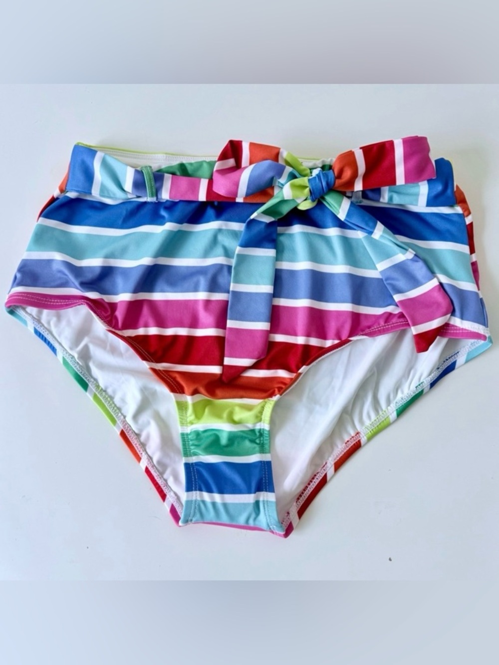NWT ModCloth “The JoJo” Rainbow Stripes High-Waisted Bikini Bottom With Tie Med